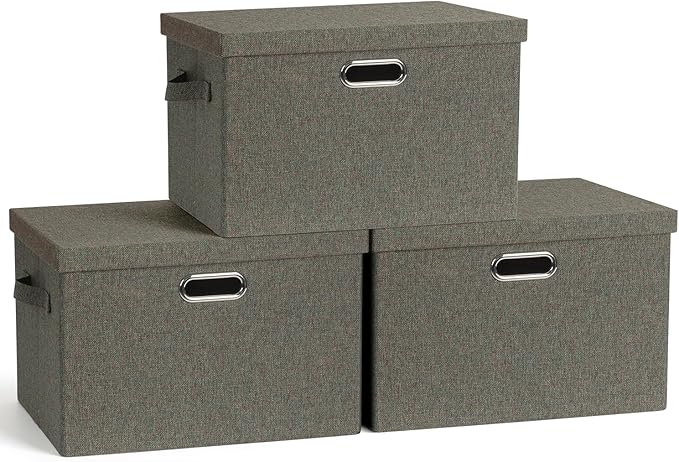 Large 17" 36 Quart Collapsible Stackable Storage Bins with Lids, 3 Packs Dark green Foldable Fabric Closet Storage Boxes with Lids, Heavy-duty Linen Cube Baskets(17x12x11)-Ruum Studio Home