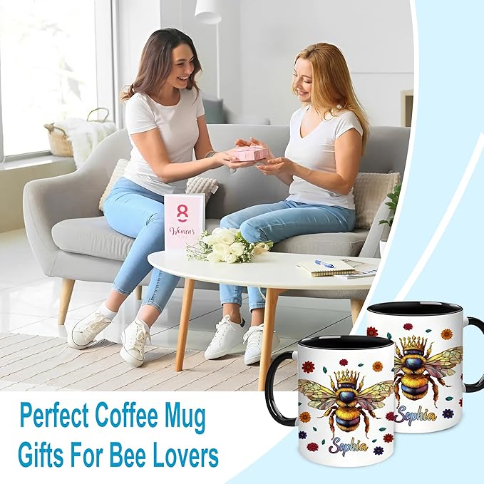 Hyturtle Personalized Floral Bee Mug - Bee Keeper Gifts For Women Lovers Teacher - Honey Gifts For Beekeeper Farmer On Birthday - Queen Honeycomb Decor - Custom Coffee Cup Ceramic Mug 11 Oz 15 Oz-Ruum Studio Home
