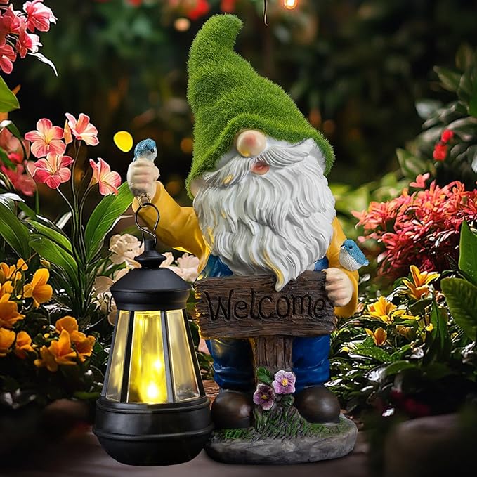 Garden Gnome Outdoor Statues with Solar Lights,Resin Flocked Solar Gnome Statue Holding Lantern,Outdoor Gnomes Decorations for Garden, Patio Gnome Gifts for Mom-Ruum Studio Home