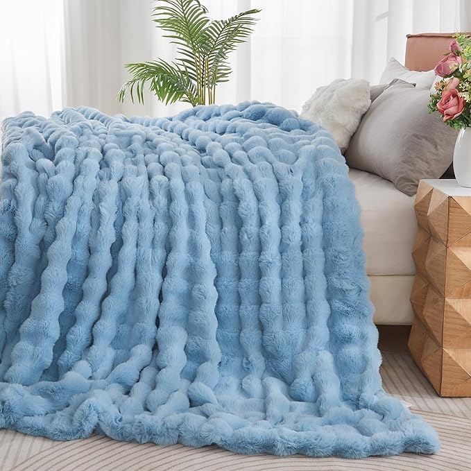 Lotus Karen Faux Fur Throw Blanket Sky Blue - Big Bubble Rabbit Fluff Blanket for Couch Bed Sofa,Softest Fluffy Fuzzy Cozy Blanket,Thick Furry Plush Shaggy Warm Blankets for Women,108x90 Inches-Ruum Studio Home