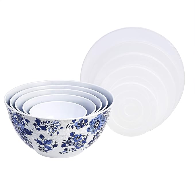 Amazon Basics Nesting Melamine Mixing Round Bowl with Lid and Non-Slip Base, 5 Sizes, Blue and White Floral, Set of 10, 4 quarts, 3 15/16",7 9/16",8 7/8",10",11 1/4"-Ruum Studio Home