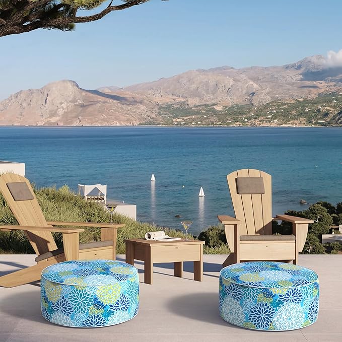Inflatable Ottoman Stool D21 xH9 for Outdoor/Indoor Use, Water Repellent Patio Foot Rest Stool with Portable Handle,Round Pouf Ottoman Suitable for Garden,Deck and Camping - Dahlia Blue-Ruum Studio Home