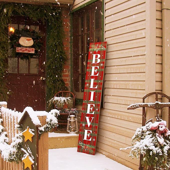 Winter Believe Porch Board Welcome Sign for Front Buffalo Plaid Door Porch Deck Patio or Wall - Indoor Outdoor Decorative Farmhouse Rustic Vertical Porch and Yard Decor - 47.2"H-Ruum Studio Home
