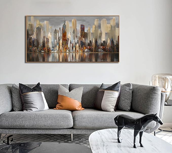 Mofutinpo Abstract Modern Canvas Wall Art for Living Room Cityscape New York Wall Decor City Theme Paintings Brown Framed Pictures Office Artwork Wall Decor Bedroom Above Bed-Ruum Studio Home