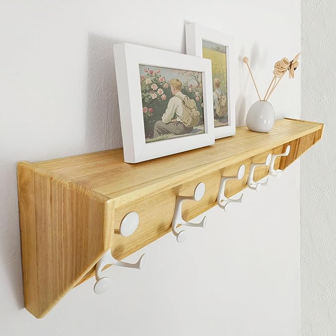 SKOLOO Wall Shelf with Hooks, 35-Inch Coat Rack Wall Mount with Shelf Organizer - Lightweight & Sturdy, 5 Tri Hooks - Perfect for Entryway, Hallway, Living Room, Bedroom, Mudroom, Natural & White-Ruum Studio Home