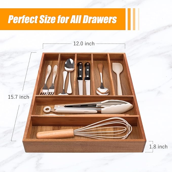 Bellsal Bamboo Silverware Organizer, 12"x15.7" Utensil Holder Cutlery Tray with Grooved Drawer Dividers for Kitchen Flatware, Bedroom, Office (7 Slot, Acacia)-Ruum Studio Home