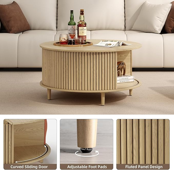 Round Coffee Table with Storage,Mid Century Modern Dining Table with Sliding Cabinet Door for Living Room,Home Small Space,31.5" Small Center Table,Oak-Ruum Studio Home