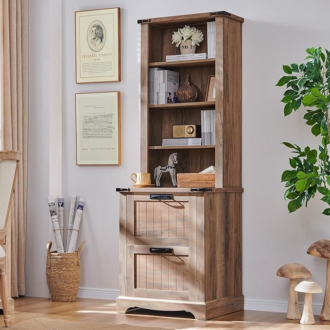 RedLemon Bookcase with 2 File Drawers, 72" Tall Farmhouse Bookshelf with Storage and Adjustable Shelves, 4 Tier Rustic Wood Bookshelf with Cabinet for Home Office, Living Room (Rustic Natural Oak)-Ruum Studio Home