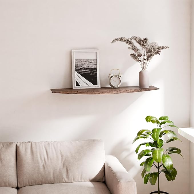 24’’ Black Walnut Floating Shelves - 6 Inch Deep Solid Wood Floating Shelf for Wall, Rustic Zen TV Shelf Wall Mounted, Live Edge Shelf with Invisible Brackets for Living Room, Bedroom, Kitchen.-Ruum Studio Home