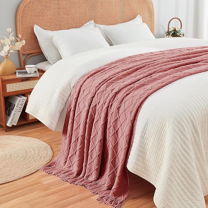 InHand Knitted Throw Blanket for Couch and Bed, Soft Cozy Knit Blanket with Tassel, Coral Pink Lightweight Decorative Throw, Farmhouse Warm Woven Throw for Men and Women, 50"x60"-Ruum Studio Home