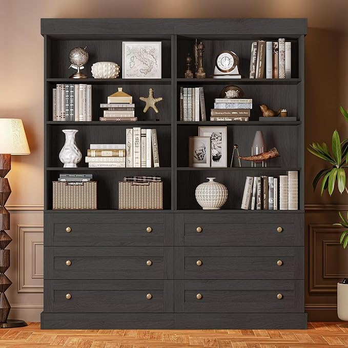Vyre 71" Tall Farmhouse Bookshelves with Drawers, Large Modular Bookcase with Adjustable Shelves, Storage Cabinet for Living Room, Kitchen, Home Office, Black-Ruum Studio Home