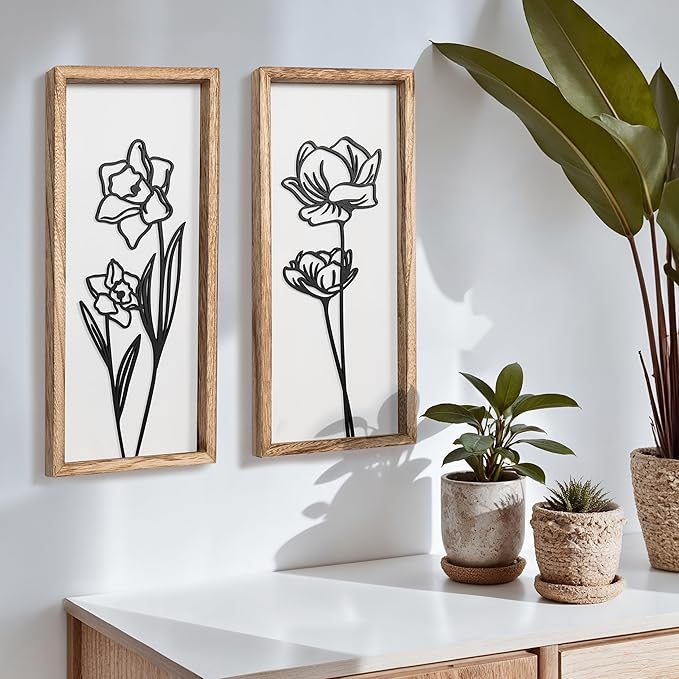 3D Black and White Wall Art (Set of 2) Lightweight, Wooden Ready-to-Hang Framed Floral Wall Art for Bathroom, Bedroom, Living Room or Office – Boho Botanical Farmhouse Decor – Gift-Boxed-Ruum Studio Home