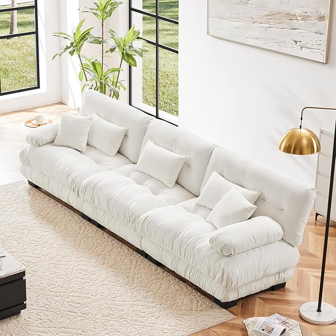 Modular Sectional Sofa Cloud Couch 3-Seater Deep Seat Sofa Couch, Oversized Couch Bed Sectional Couch with Round Bolster Armrests 5 Pillows, Modern Sofa Chair Comfy Couch(White)-Ruum Studio Home