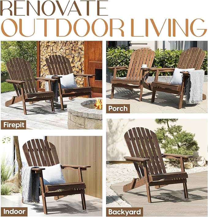 IDZO Outdoor Wooden Folding Adirondack Chair Set of 2 with Pre-Assembled BackRest, Wood Patio Chair for Garden Backyard Porch Pool Deck Firepit-Ruum Studio Home