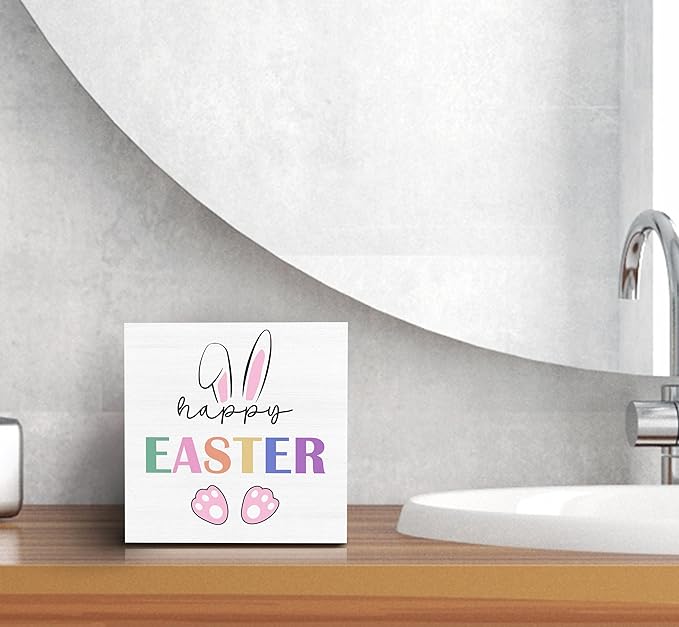 SRADMO Happy Easter Sign, Cute Bunny's Ear Easter Wood Box Sign Desk Decor, Easter Bunny Decorations, Easter Theme Wooden Block Box Sign Decoration for Home Office Shelf Table Decor-Ruum Studio Home