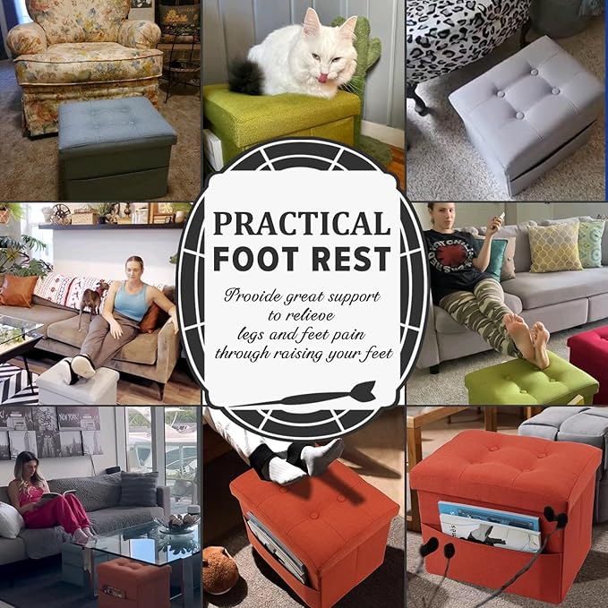 LINMAGCO Storage Ottoman Folding Foot Stool Foot Rest with Side Pocket Modern Ottoman with Storage Short Sofa Stool Linen Cloth 17x13x13(Navy)-Ruum Studio Home