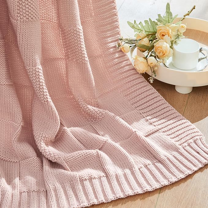 CozeCube Check Knit Throw Blanket, Pink Checkered Throw for Couch, Decorative Christmas Soft Cozy Warm Knitted Blanket for Bed Sofa Living Room, 50"X60"-Ruum Studio Home