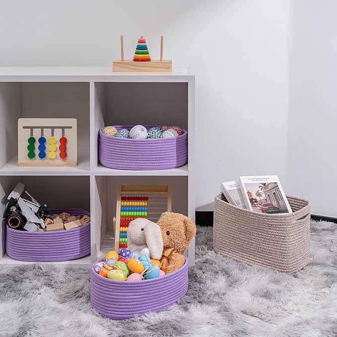 Baskets Bins for Shelf Storage Organizing/Cute Basket to Store and Organize Household Items/Woven Rope Basket for Living Room, Bedroom,Playroom,3 Packs Purple Basket-Ruum Studio Home