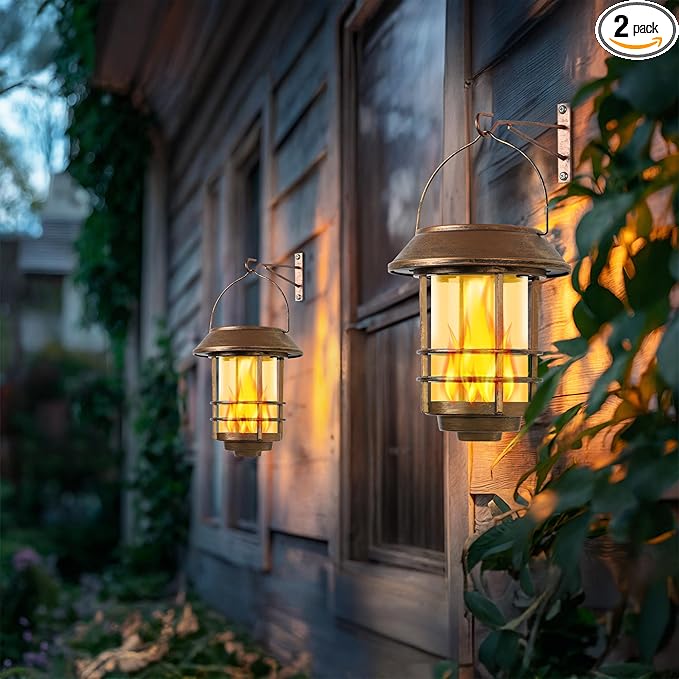 Otdair Solar Wall Lantern Outdoor, Flickering Flames Solar Sconce Lights Outdoor, Hanging Lamps Wall Mount for Front Porch, Patio and Yard, 2 Pack, Yellow Bronze-Ruum Studio Home