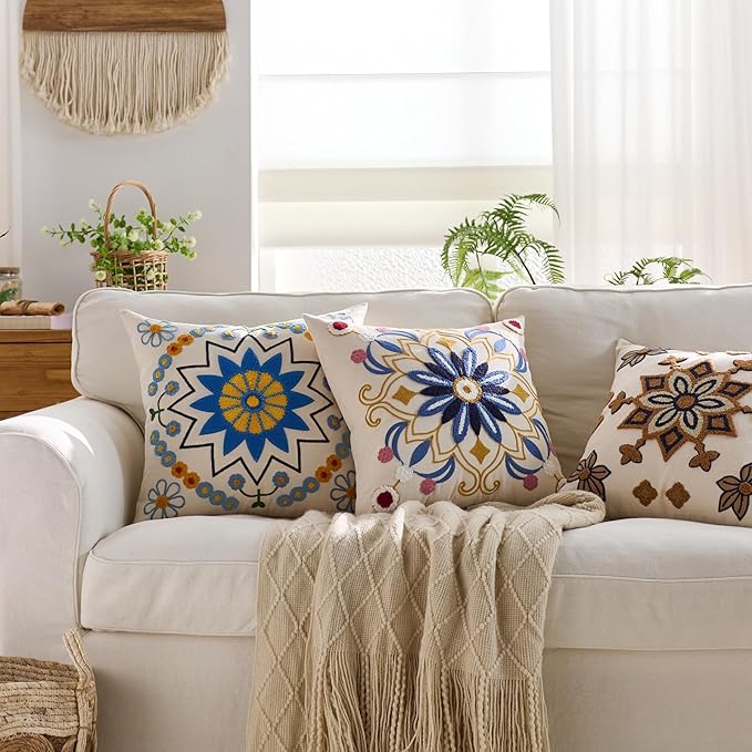 Embroidered Throw Pillow Cover 18x18 Classic Boho Floral Pattern Pillows Cover Outdoor Decorative Pillowcase,Durable Cozy Textured Cushion Case for Sofa Couch Bed Living Room,Blue Orange-Ruum Studio Home