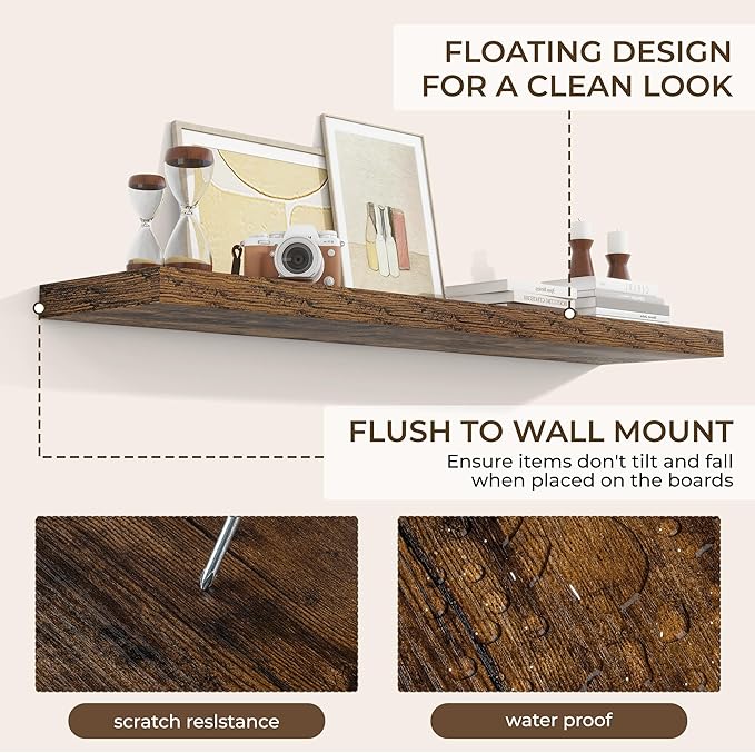 RICHFOCUS 55Inch Floating Shelves for Wall 2 Pack Shelves for Bedroom|Kitchen|Bathroom Wall Mounted Rustic Wood Floating Shelf with Invisible Brackets for Books|Storage|Decor, Rustic Brown-Ruum Studio Home