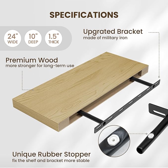 Fun Memories 24 Inch Floating Shelves Wall Mounted, 10 Inch Deep Wall Shelves, 24 x 10 Floating Shelf for Living Room Bathroom Bedroom, Oak, Set of 2-Ruum Studio Home