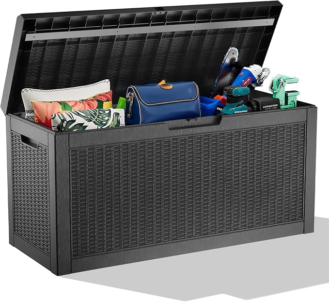 60 Gallon Deck Box Large Outdoor Storage for Patio Furniture,Outdoor Cushions,Garden Tools and Pool Supplies,Waterproof,Resin,Lockable(Black)-Ruum Studio Home