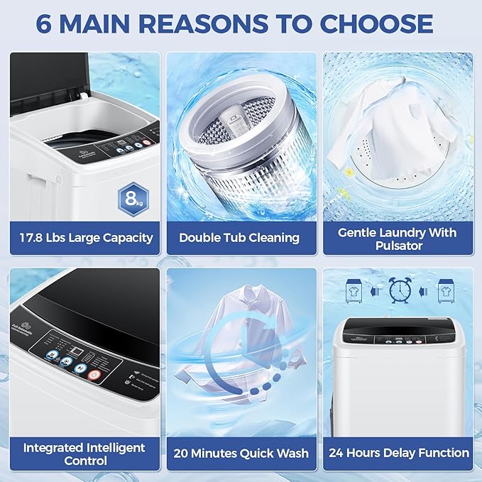 17.8Lbs Portable Washing Machine Nictemaw Portable Washer, 2.3 Cu.ft Washer and Dryer Combo with Drain Pump, 10 Programs 8 Water Level Compact Laundry Washer for Home, Apartment, RV, Dorms-Ruum Studio Home