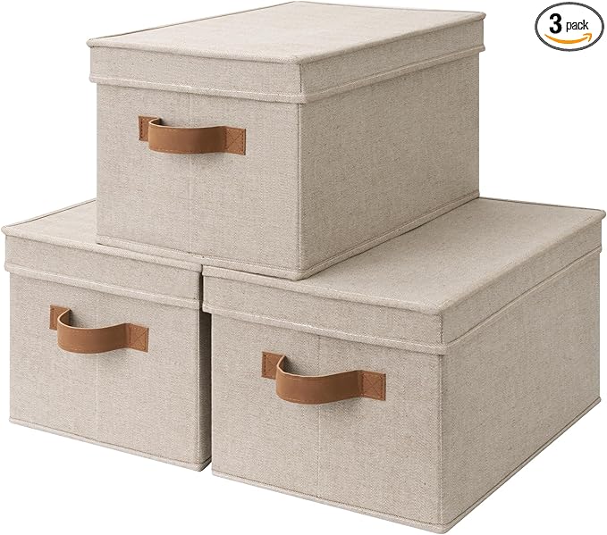 StorageWorks Large Storage Bins with Lids, Decorative Storage Boxes with Lid and PU Handles, Foldable Storage Baskets for Closet, Shelves, Stackable, Brown and Beige, 3-Pack-Ruum Studio Home