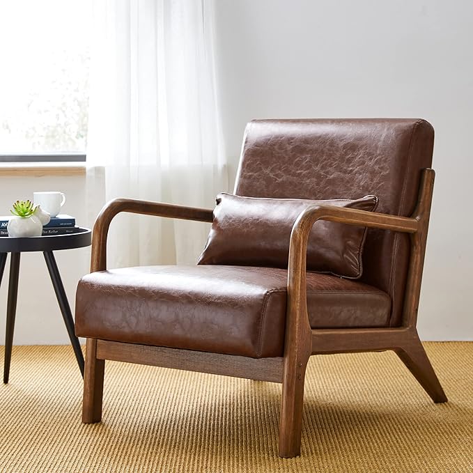 Glitzhome 30.75 "H Mid Century Coffee Accent Armchair, Single Reading Armchair PU Leather Lounge Chair with Walnut Ruberwood Frame-Ruum Studio Home