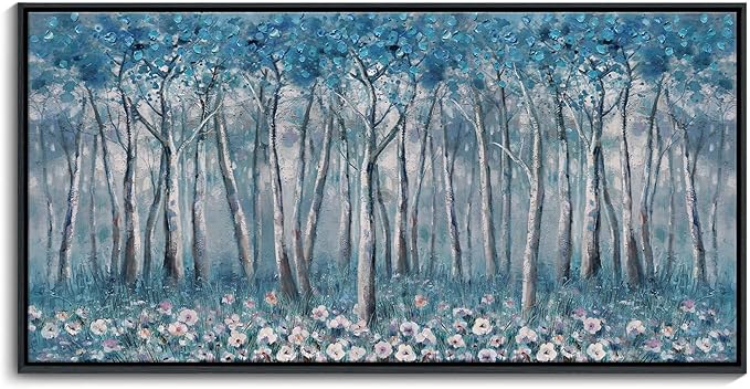 DUNHUANG ART Blue Tree Canvas Wall Art - Large Size Teal Abstract Painting for Home Office Living Room Bedroom Bathroom - Black Framed - Wall Decor Living Room 20"x40"-Ruum Studio Home