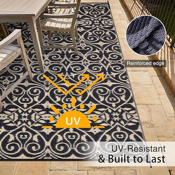 OLANLY Outdoor Rug Waterproof 9x12 ft Clearance, Reversible Outdoor Plastic Straw Rug with Floral Pattern, RV Mat for Patio, Camping, Balcony, Deck, Backyard, Black & Beige-Ruum Studio Home