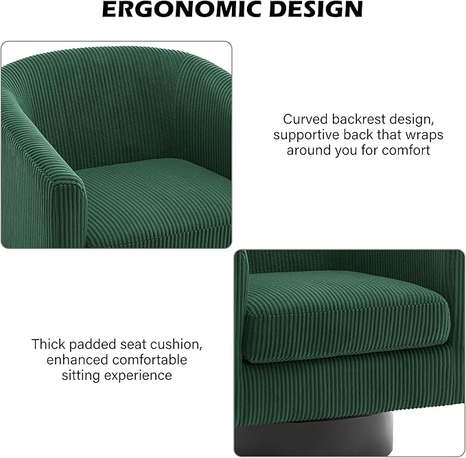 Swivel Barrel Accent Chair, Modern Round Corduroy Fabric Arm Chair for Living Room, Bedroom, Comfy Club Reading Chairs for Adults (Corduroy Dark Green, Set of 2)-Ruum Studio Home