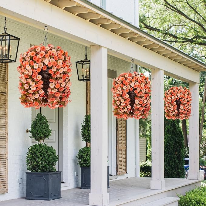 Artificial Fake Fall Hanging Flowers Plants Basket for Outdoor Autumn Decoration, Faux Silk Morning Glory Long Vines Realistic UV Resistant for Outside Home Porch Garden (Fall Orange+Light Orange)-Ruum Studio Home