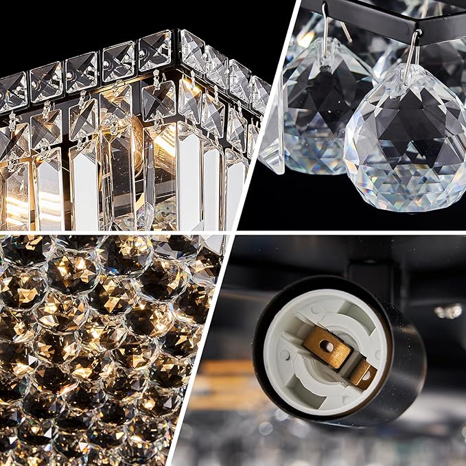 12-Lights Black Crystal Flush Mount Ceiling Light Fixtures,Elegant Crystal Chandelier Pendant Ceiling Lamp for Bedroom,Living Room,Dining Room,Hallway H5.9 x W20 x L20 (Bulb Not Included)Square-Ruum Studio Home