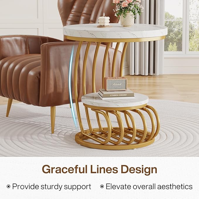 Tribesigns Gold Round End Table: 2 Tiers Faux Marble Side Table with Storage Shelf, Modern White Gold Bedside Nightstand, Metal Arc-Shaped Frame Accent Table for Living Room, Bedroom-Ruum Studio Home