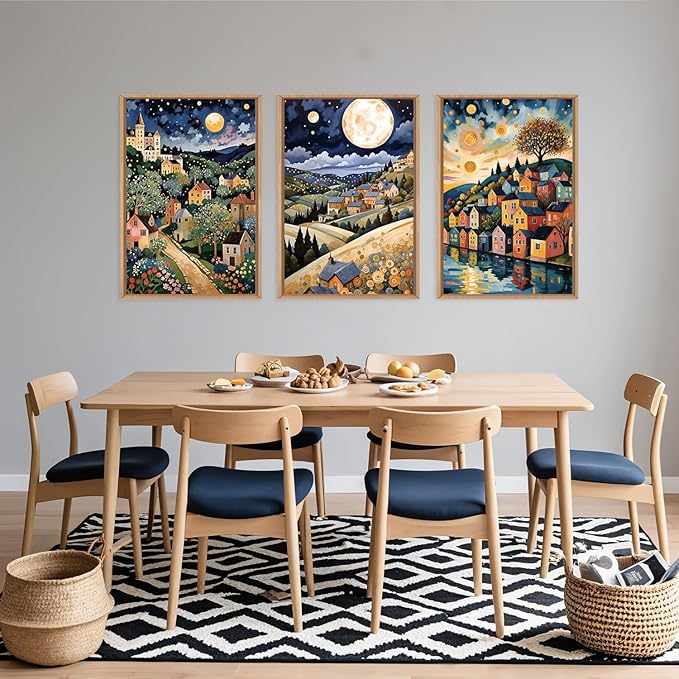 LHIUEM Large Abstract Colorful Framed Canvas Wall Art,Retro Night Village Wall Decor,Natural Moon Stars Wall Painting,Gustav Klimt Scenery Artwork for Living Room,Bedroom,Dining Room,Office -24"x36"x3-Ruum Studio Home