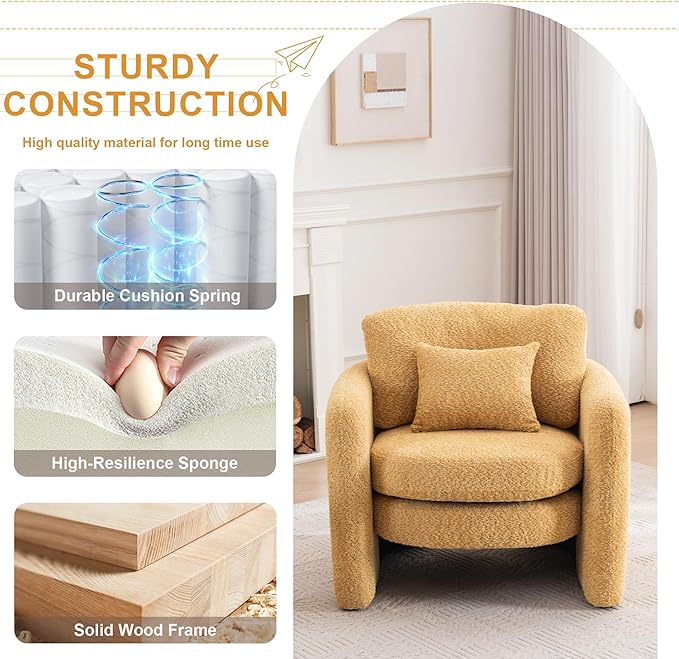 Chenille Accent Armchair Oversize Upholstered Barrel Comfy Modern Round Lounge Sofa Chair with Pillow Cozy Reading Chairs for Apartment,Office,Living Room,Dining,Makeup,Club,Yellow-Ruum Studio Home