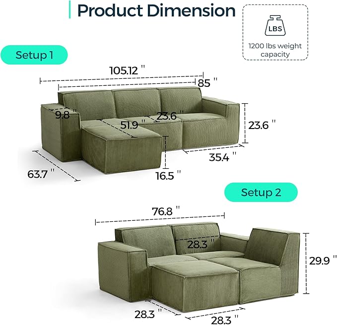 LINSY HOME Modular Sectional Sofa, 105" Boneless Couch L Shaped 3-Seat Sofa with Ottoman, Corduroy Sectional Cloud Couches for Living Room, No Assembly Required, Green-Ruum Studio Home