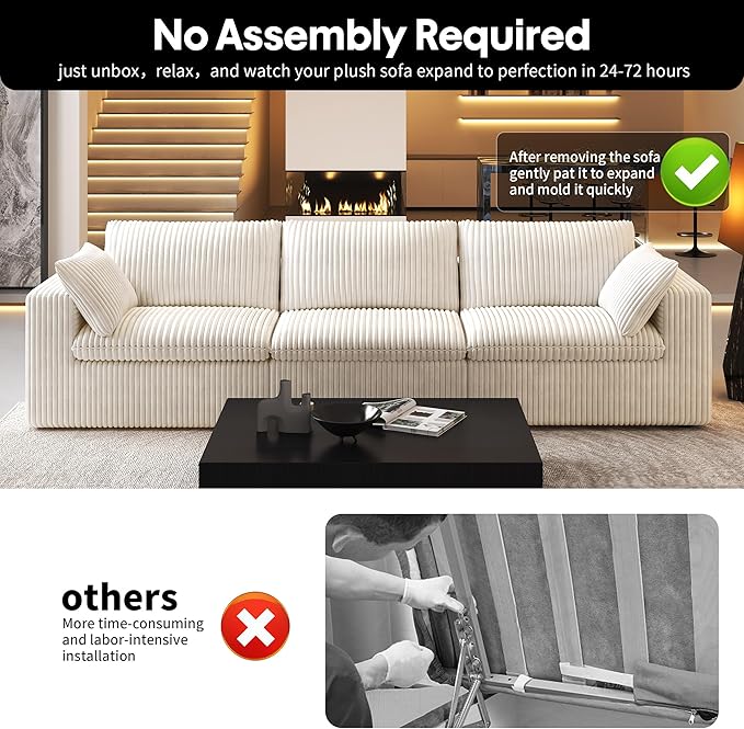 118" 3-Seater Cloud Sofa,Modular Sectional Couch,Modern Deep Seat Upholstered Couches with Plush Corduroy Fabric for Living Room Furniture,Bedroom and Apartment,No Assembly Required,White-Ruum Studio Home