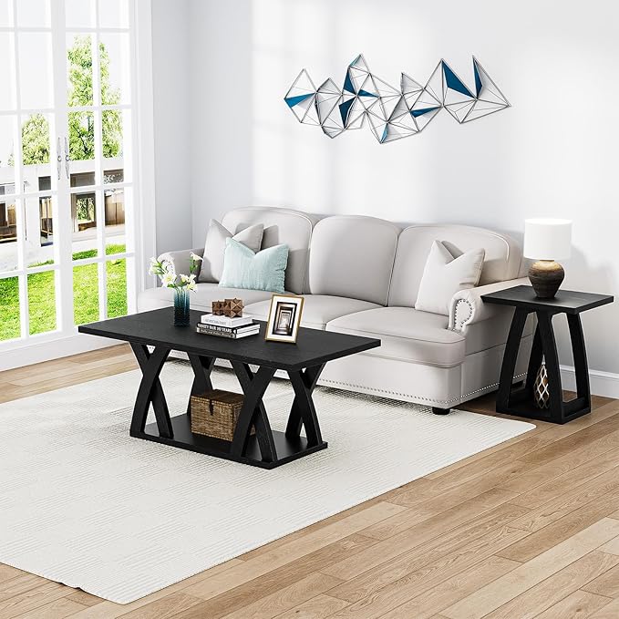 47” Wood Coffee Tables for Living Room Rustic Stands with Storage Shelf Black Coffee Tables for Living Room Farmhouse Center Stands with Shelf Farmhouse Rectangle Center Table-Ruum Studio Home