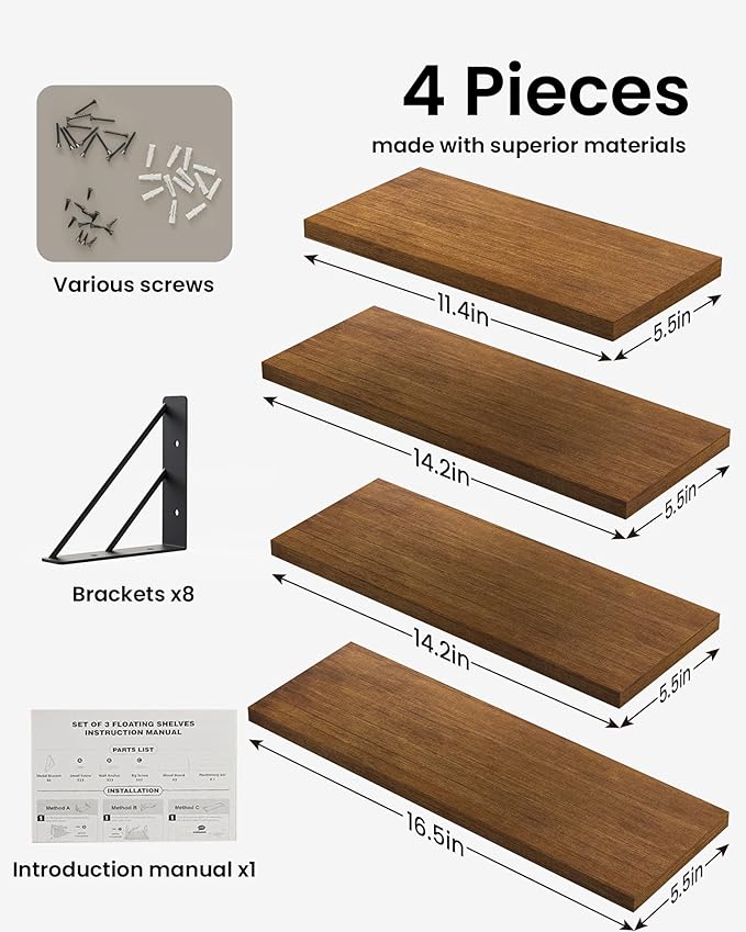 BAYKA Floating Shelves for Wall, Book Shelf for Bedroom, Wall Decor Shelves for Living Room Kitchen, Mounted Wood Floating Shelf for Home Decor, Corner Shelf for Bathroom, Office(Set of 4)-Ruum Studio Home