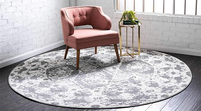 Unique Loom Rosso Collection Vintage, Geometric, Bohemian, Traditional, Distressed, Southwestern Area Rug, Round 4' 0" x 4' 0", Light Gray/Ivory-Ruum Studio Home