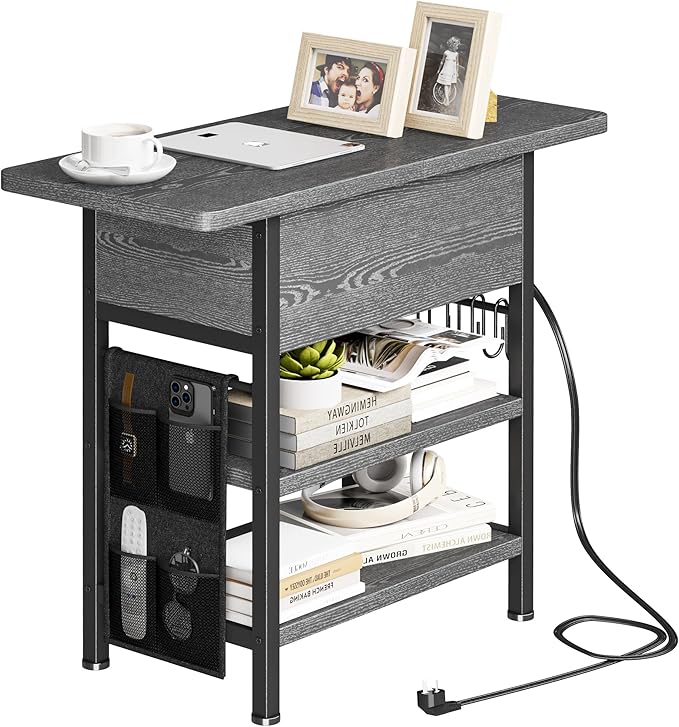 End Table with Charging Station, Flip Top Nightstand with USB Ports and Outlets,Couch Side Table with Fabric Bag and Hooks, Bedside Table for Space Saving, Living Room, Bedroom (Grey)-Ruum Studio Home