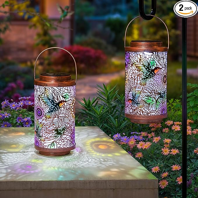 2Pack Solar Lanterns Outdoor Waterproof Hummingbird Colorful Garden Gifts for Mom, Multicolor Solar Lights Lantern for Backyard Garden, Pathway, Outside, Mothers' Day Gifts for Grandma Women-Ruum Studio Home