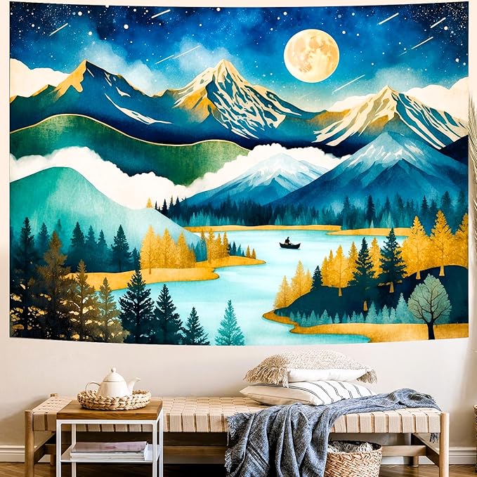 Delur Mountain Tapestry Boho Moon Stars Starry Night Tapestry Wall Hanging Forest Tree Nature Landscape Psychedelic Headboard for Bedroom Living Room Home Decor (59.1" x 78.7")-Ruum Studio Home