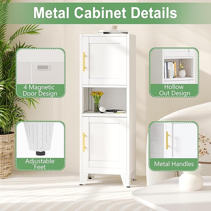 47.24" H Metal Narrow Bathroom Storage Cabinet Pantry Storage Cabinet, 2 Adjustable Shelves for Kitchen, Home Office, Living Room, Dinning Room (White)-Ruum Studio Home