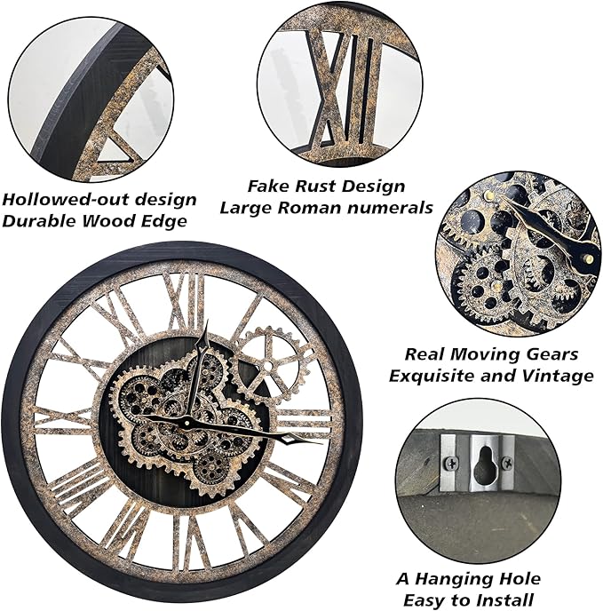 The B-Style Large Wall Clock 18 inch Moving Gear Wall Clock Oversized Vintage Farmhouse Wall Clocks for Living Room Decor Rustic Industrial Wood Clock (Black)-Ruum Studio Home