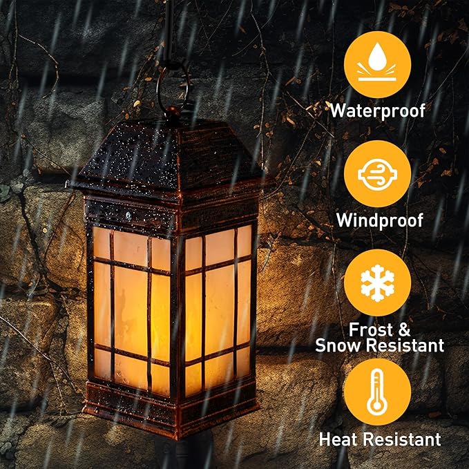 14" Solar Lantern Outdoor Waterproof, Glass Flickering Flame Solar Lanterns, Hanging Metal Lantern Decorative for Patio Front Porch Garden Backyard Tabletop Party Decoration-Ruum Studio Home