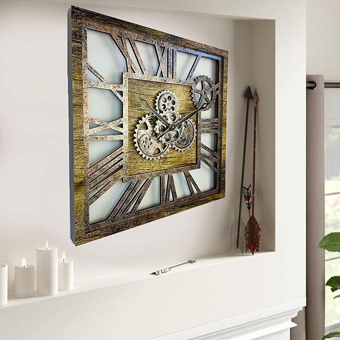 The Gears Clock 24'' Inch Square Real Moving Gear Wall Clock Vintage Industrial Oversized Rustic Farmhouse (Gold Antique)-Ruum Studio Home